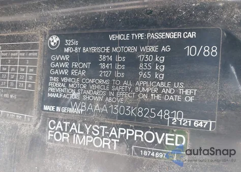 1989 BMW 325 I/Is из США, поврежденный, VIN WBAAA1303K8254810